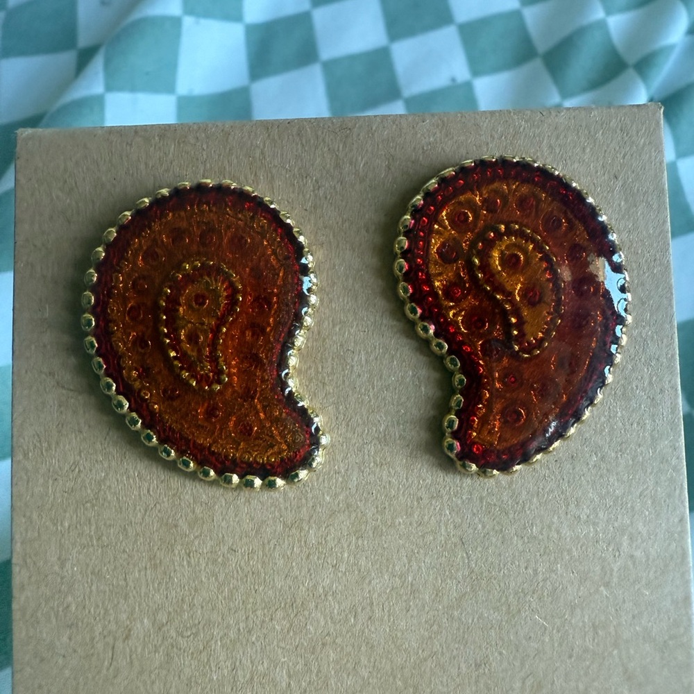 Rare Vintage Designer Gold and Brown Paisley Earrings